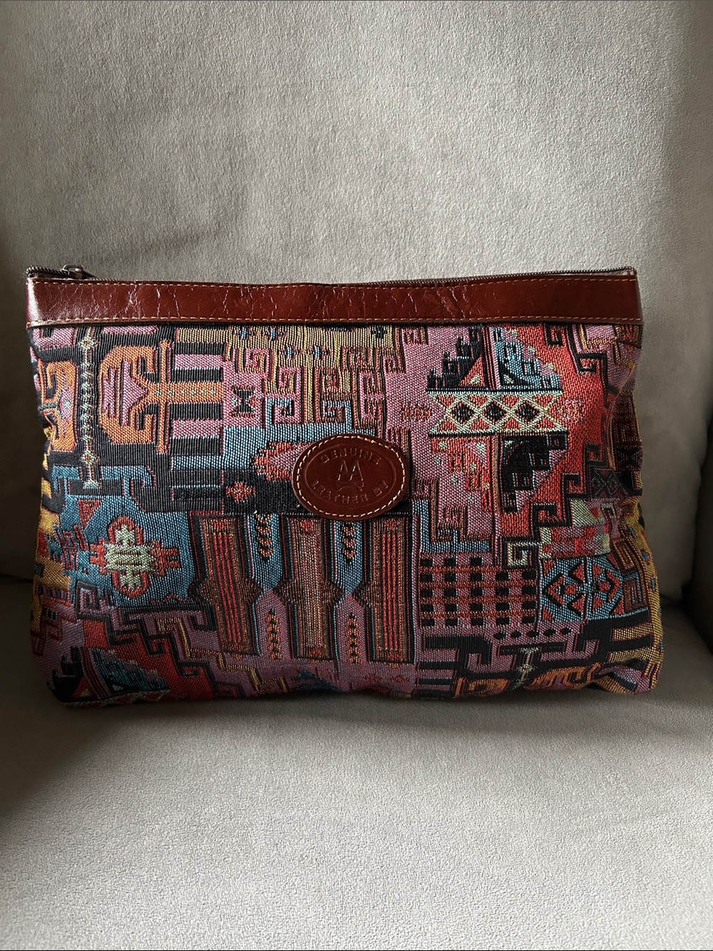 Vintage Antoli Southwestern Woven Tapestry Genuine Leather Zipper Clutch
